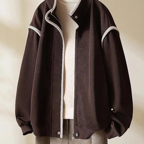 Load image into Gallery viewer, Autumn Fashion Women Brown Patchwork Short Jacket Korean Long Sleeve Zipper Coat Loose Casual Holiday Tops Popular Streetwear
