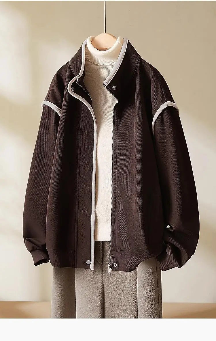 Autumn Fashion Women Brown Patchwork Short Jacket Korean Long Sleeve Zipper Coat Loose Casual Holiday Tops Popular Streetwear