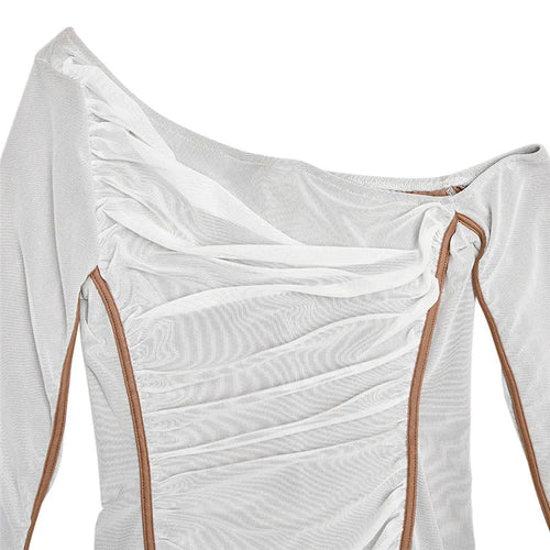 Load image into Gallery viewer, Diagonal Collar Long Sleeve Midi Dress For Women Two Layer Mesh Backless Ruched Bodycon Club Party Sexy Long Dress
