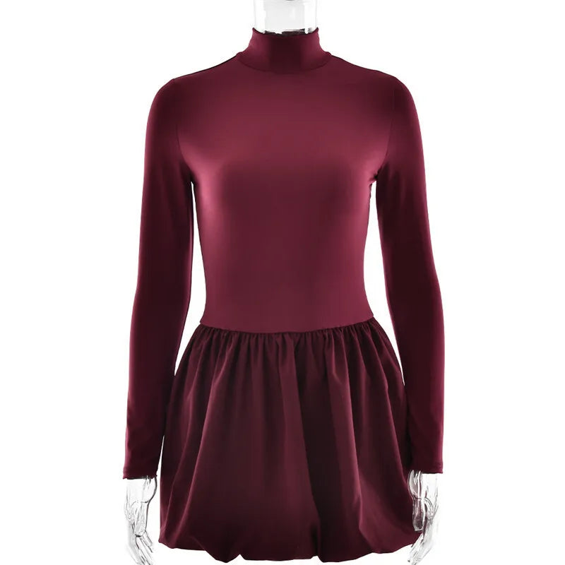 Turtleneck Long Sleeve Sexy Mini Dress For Women Robe Fashion Burgundy Patchwork High Waist A-line Club Pleated Dress