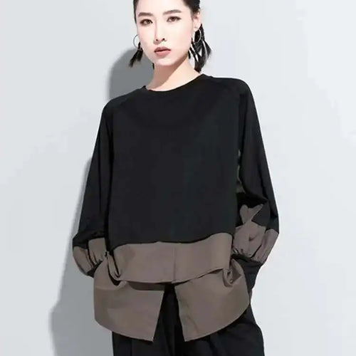 Load image into Gallery viewer, Women Contrast Color Split Joint Big Size T-shirt New Round Neck Long Sleeve  Fashion Tide  Spring Autumn 2025 1DC538
