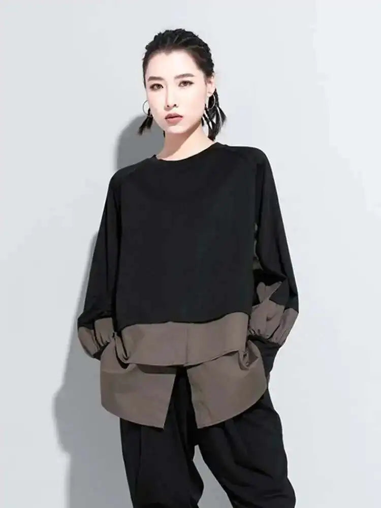 Women Contrast Color Split Joint Big Size T-shirt New Round Neck Long Sleeve  Fashion Tide  Spring Autumn 2025 1DC538