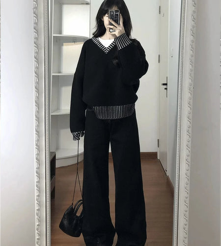 Y2k Aesthetic Fake Two Pieces Sweaters Harajuku Women Stripe Contrast Color Loose Jumpers Spring Grunge Vintage Casual Pullovers
