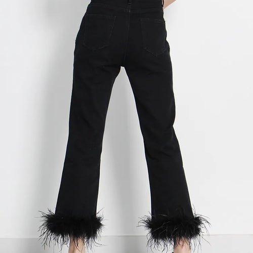 Load image into Gallery viewer, Black Patchwork Feathers Pants For Women High Waist Solid Minimalist Trousers Female Korean Fashion Clothing Style
