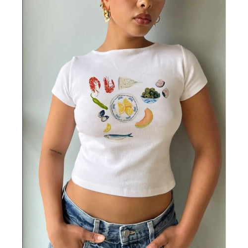 Load image into Gallery viewer, y2k Baby Tee Women Craphic Crop Top Round Neck Short Sleeve T Shirt Casual Vest 2000s Aesthetic Clothes Streetwear
