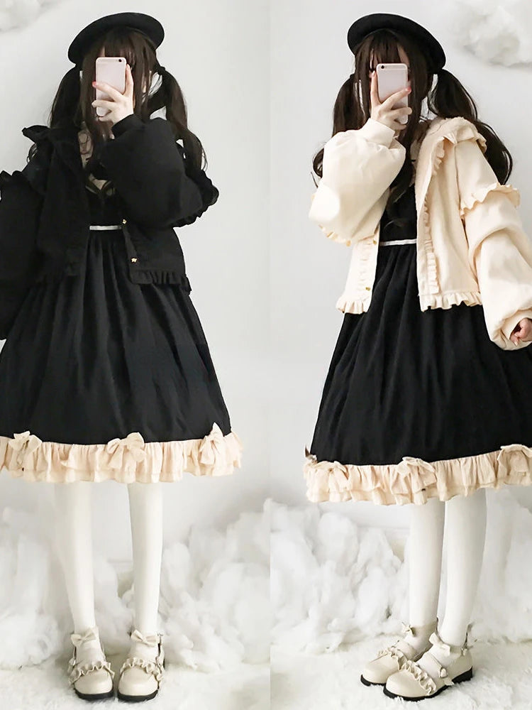 Lolita Cute Jacket Women Japanese Sweet Ruffles Kawaii Coat Tops Thicked Warm Cropped Hooded  2025 Chaqueta Mujer