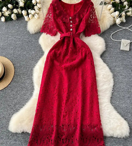 Summer Solid High Waist Button Birthday Lace Long Dress Women French Retro Elegant Short Sleeve Festival Party Evening Dress New