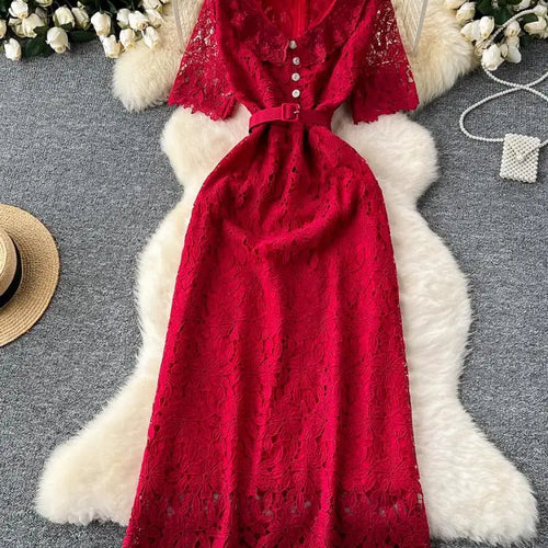 Load image into Gallery viewer, Summer Solid High Waist Button Birthday Lace Long Dress Women French Retro Elegant Short Sleeve Festival Party Evening Dress New
