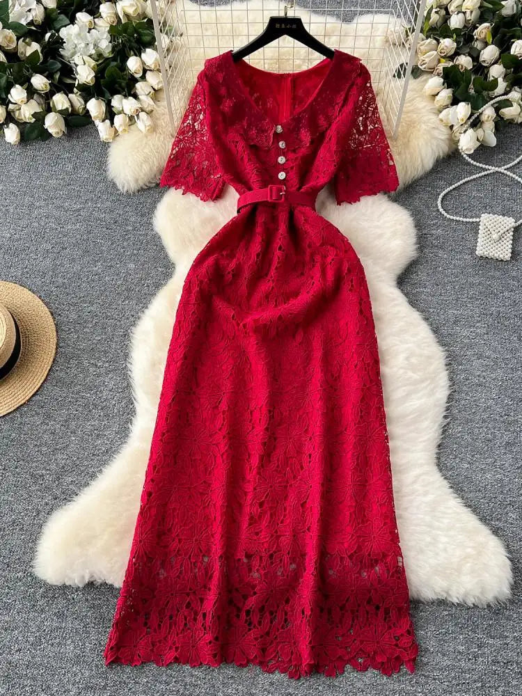Summer Solid High Waist Button Birthday Lace Long Dress Women French Retro Elegant Short Sleeve Festival Party Evening Dress New