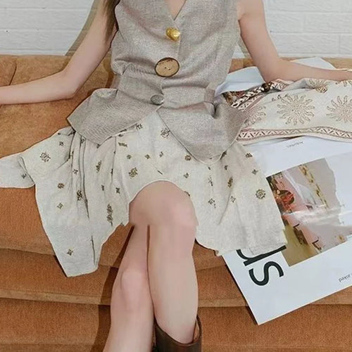 Load image into Gallery viewer, Hit Color Two Piece Sets for Women V Neck Sleeveless Spliced Irregular Button Jacket Printing Skirt Set Female New
