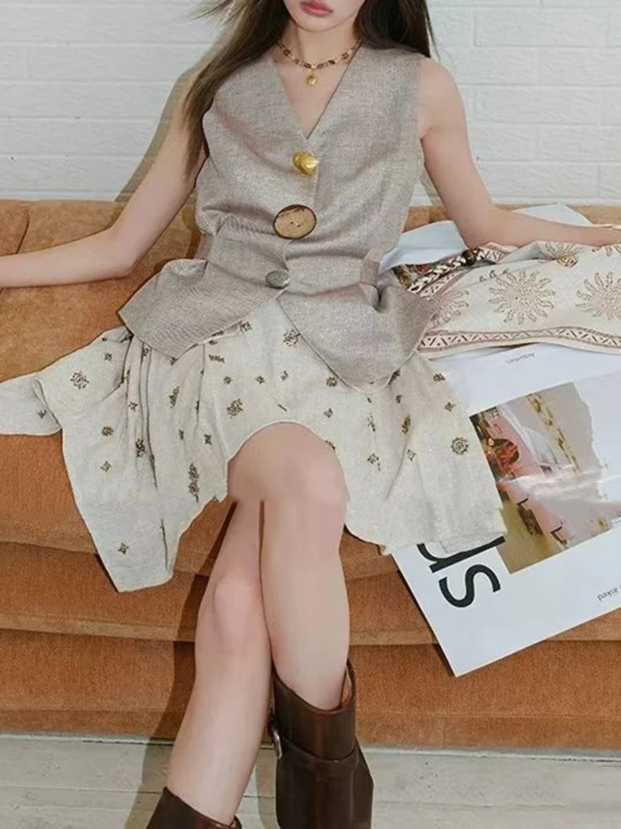 Hit Color Two Piece Sets for Women V Neck Sleeveless Spliced Irregular Button Jacket Printing Skirt Set Female New