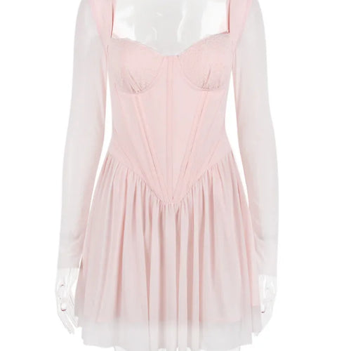 Load image into Gallery viewer, Lace Mesh Backless Sexy Mini Dress For Women Zipper Fishbone Square Collar Long Sleeve Ruched Club Party Dress New
