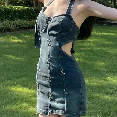 Load image into Gallery viewer, Vintage Tight Hip Sexy Halter Denim Dresses Strapless Hollow Out Slash Neck Elegant Women Dresses Sleeveless High Street
