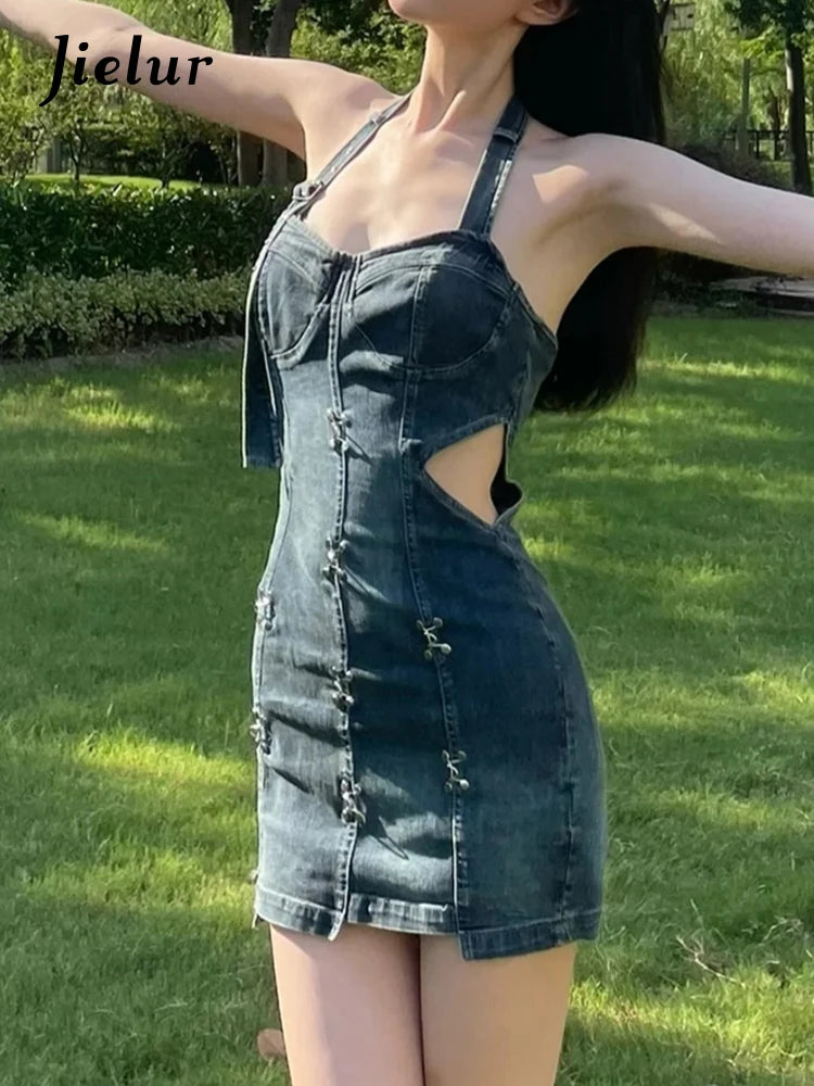 Vintage Tight Hip Sexy Halter Denim Dresses Strapless Hollow Out Slash Neck Elegant Women Dresses Sleeveless High Street