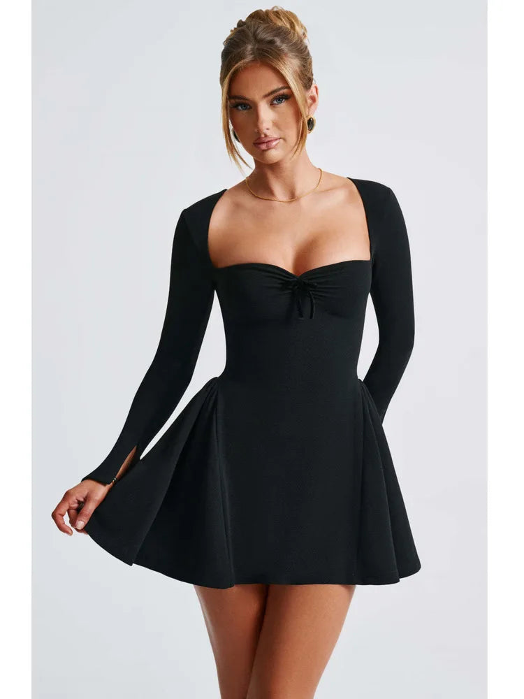 Elegant Long Sleeved High Stretch Tight Dress Women Sexy Square Neck Lace Up Vestido Bodycon Party Club Evening Dress