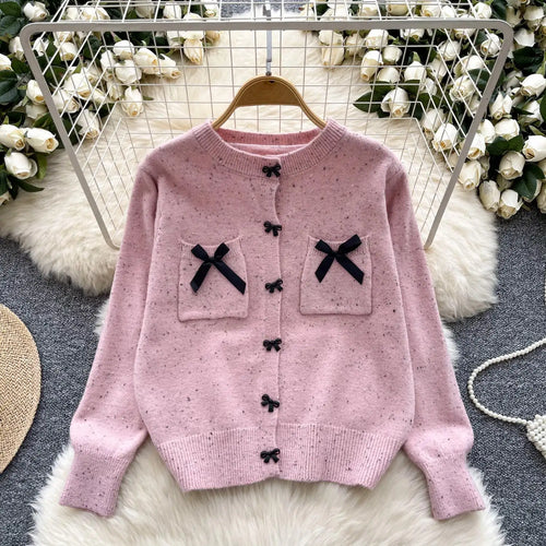 Load image into Gallery viewer, Autumn Winter Women Sweet Red Pink Elegant Round Neck Knit Tops Vintage White Single Breasted Long Sleeve Bow Sweater 2024 Trend
