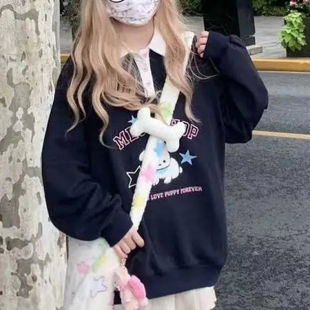 2024 Ropa Mujer Japanese Sweatshirts for Women Letter Dog Embroidery Cute Y2k Tos  Casual Fashion Oversized Hoodies Preppy Style