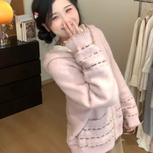 Load image into Gallery viewer, Y2k Aesthetic Cartoon Jacquard Knitted Hooded Cardigan Kawaii Cute Casual Women Pocket Sweater Sweet Single Breasted Loose Tops
