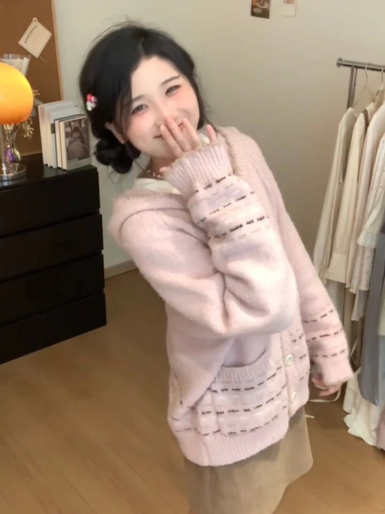 Y2k Aesthetic Cartoon Jacquard Knitted Hooded Cardigan Kawaii Cute Casual Women Pocket Sweater Sweet Single Breasted Loose Tops