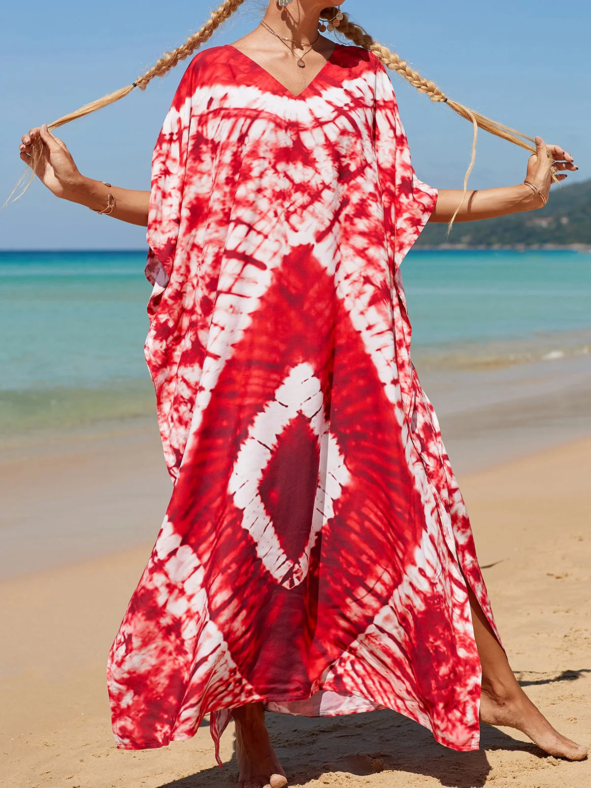 Colorful Kaftan Tunic Beach Cover Up Cover-ups Beach Dress Beach Wear Beachwear Loose Maxi Dress Female Women V4428