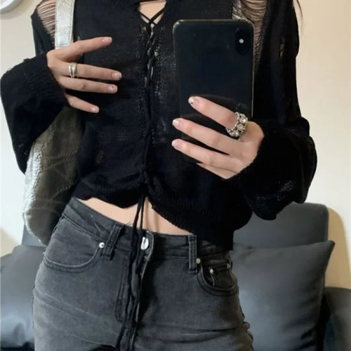 Load image into Gallery viewer, Y2K Holes Knitted Cardigans Two Side Wear Retro Harajuku Sexy Cropped Jumpers Women Full Sleeve Bandage Outwear Autumn Grunge
