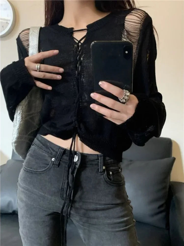 Y2K Holes Knitted Cardigans Two Side Wear Retro Harajuku Sexy Cropped Jumpers Women Full Sleeve Bandage Outwear Autumn Grunge