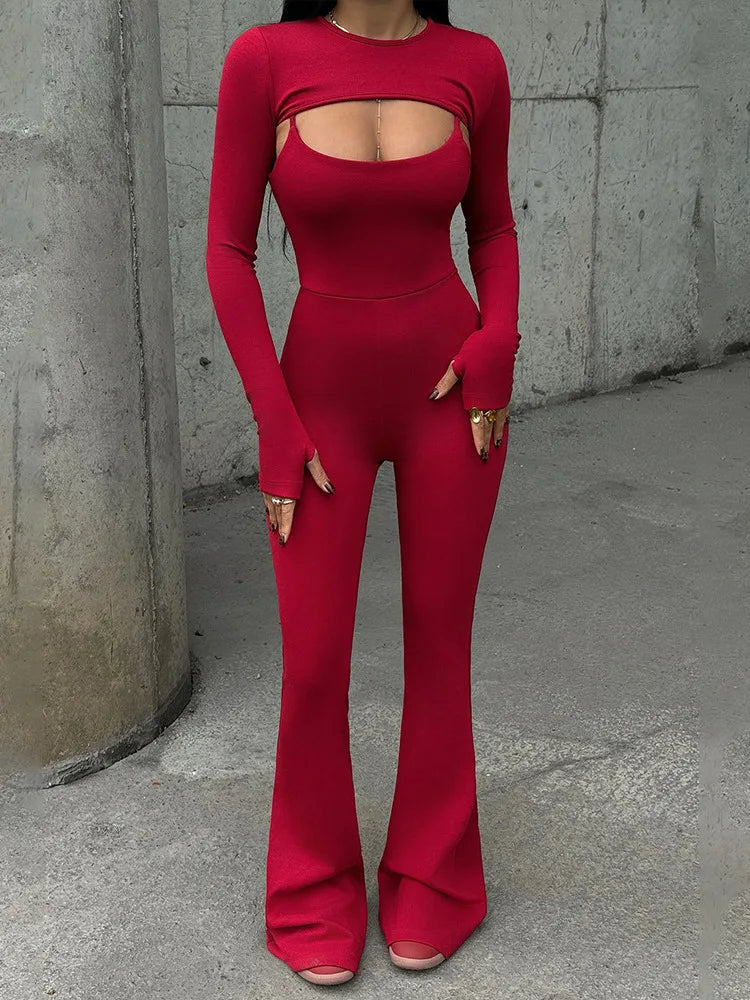 Fashion Stretch Tight Long Sleeve Top Strap Jumpsuit Set For Women Sexy Hollow Out Slim Two Piece Set Winter New2025 Set