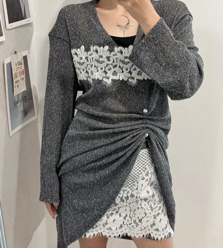 Hit Color Spliced Lace Two Piece Sets for Women V Neck Long Sleeves Patchwork Folds Top High Waist Skirt Set Female