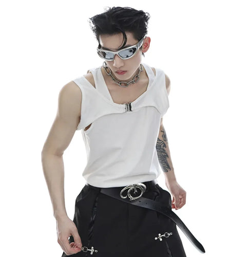 Niche Style Men's Vest Fake Two-piece Metal Snap Letter Printing T-shirts Sleeveless O-neck Male Tank Tops Summer 9C6748