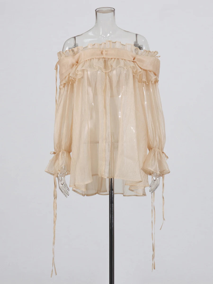 Solid Spliced Lace Up Loose Blouses For Women Slash Neck Long Sleeve Casual Shirts Female Fashion Style Clothes New