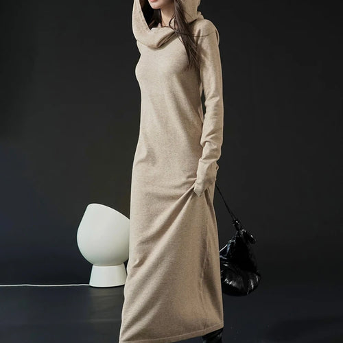 Load image into Gallery viewer, Women Oat Color Knitting Ankle Length Dress New Hooded Long Sleeve Loose Fit Fashion Tide Spring Autumn 2025 1DH3764
