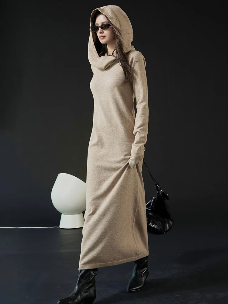 Women Oat Color Knitting Ankle Length Dress New Hooded Long Sleeve Loose Fit Fashion Tide Spring Autumn 2025 1DH3764