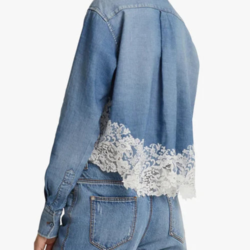 Load image into Gallery viewer, Spliced Lace Casual Denim Shirt For Women Lapel Long Sleeve Patchwork Single Breasted Temperament Loose Blouse Female
