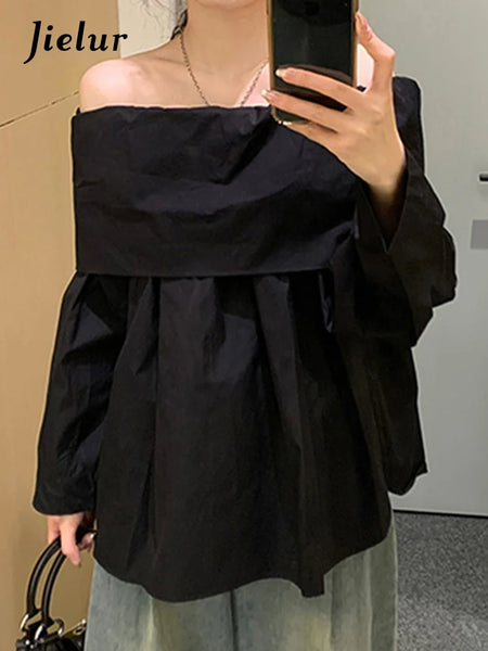 French Style Slash Neck Black Women Blouse Long Sleeve Pure Color Elegant Fashion Female Streetwear Simple Chic Blouses