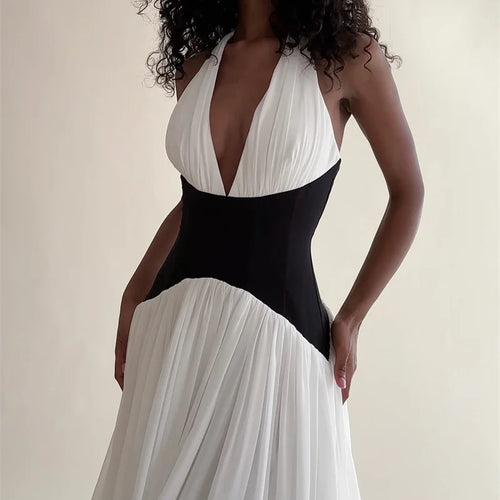 Load image into Gallery viewer, Halter Deep V Neck Backless Sexy Maxi Dress Women Gown Fashion Patchwork Sleeveless High Waist Club Party Long Dress
