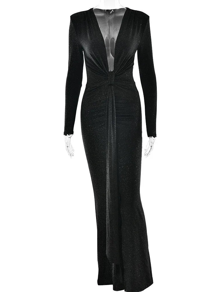 Elegant Long Sleeve Elastic Tight Party Evening Dress For Women Sexy Deep V-Fold Lace Vestido Autumn/Winter New 2025