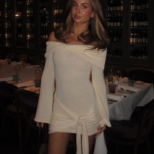 Load image into Gallery viewer, Off-shoulder Knit Mini Dress For Women Autumn Winter New Strapless Backless Long Sleeve Ruched Draped Knitted Dress

