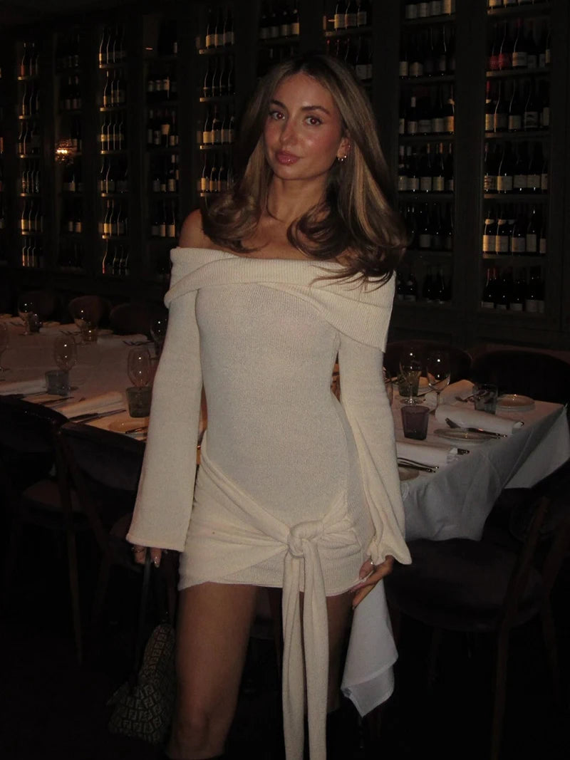 Off-shoulder Knit Mini Dress For Women Autumn Winter New Strapless Backless Long Sleeve Ruched Draped Knitted Dress