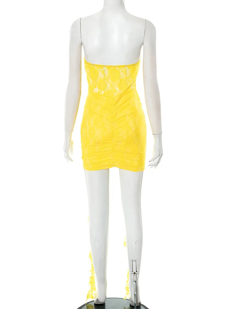 Lace Ruffle Sexy Mini Dress Women Summer New Off-shoulder Backless Sleeveless Draped Ruched  Beach Club Long Dress