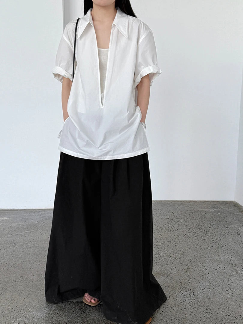 Women White Plain Color Thin Big Size Blouse New V-Neck Short Sleeve Shirt Fashion Tide Spring Summer 2025 1DJ1470