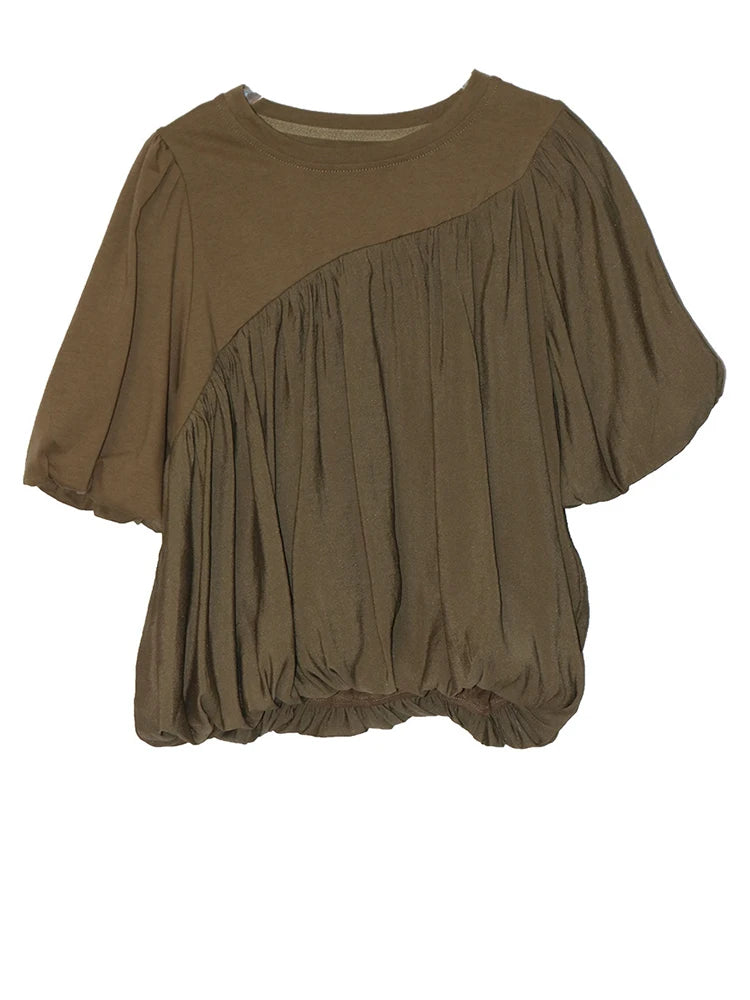 Women Black Irregular Pleated Big Size Casual T-shirt New Round Neck Short Sleeve Fashion Tide Spring Summer 2025 1DJ0558