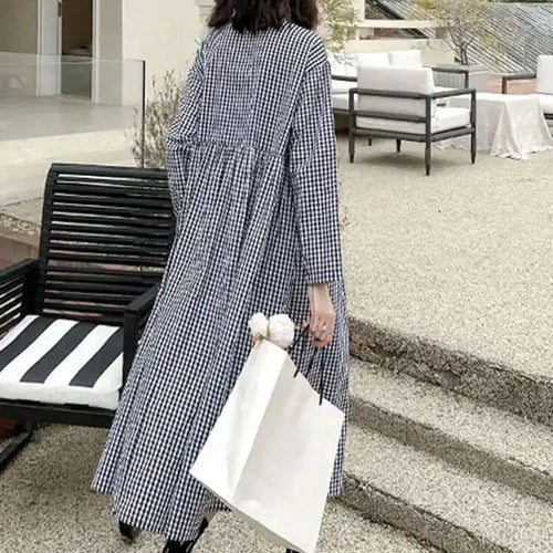 Load image into Gallery viewer, Women Black Plaid Pocket Vintage Big Size Midi Shirt Dress New Lapel Long Sleeve Fashion Tide Spring Autumn 2025 1DH6567
