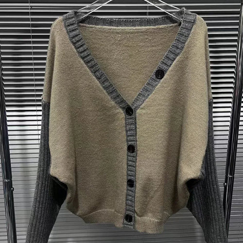 Load image into Gallery viewer, Sexy Patchwork Casual Sweater For Women V Neck Long Sleeve Spliced Single Breasted Chic Knitting Cardigan Female
