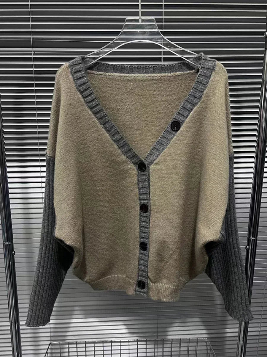 Sexy Patchwork Casual Sweater For Women V Neck Long Sleeve Spliced Single Breasted Chic Knitting Cardigan Female