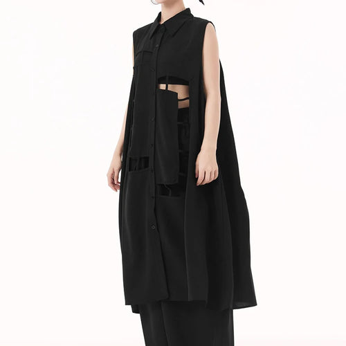 Load image into Gallery viewer, Women Army Green Hollow Out Big Size Midi Casual Dress New Lapel Sleeveless Fashion Tide Spring Summer 2025 1DH9512
