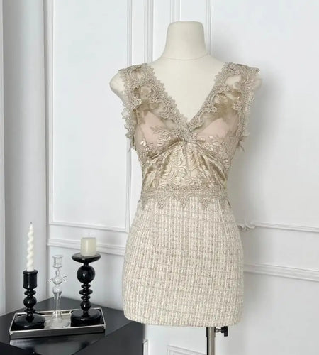 Summer Khaki Patchwork Lace Party Vest Short Dress Women Pink Embroidered Sleeveless V Neck Sexy Club Wrapped Hip Mini Dress New