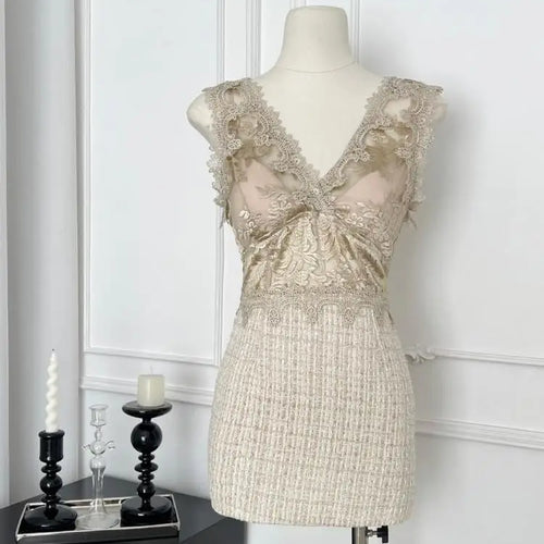 Load image into Gallery viewer, Summer Khaki Patchwork Lace Party Vest Short Dress Women Pink Embroidered Sleeveless V Neck Sexy Club Wrapped Hip Mini Dress New
