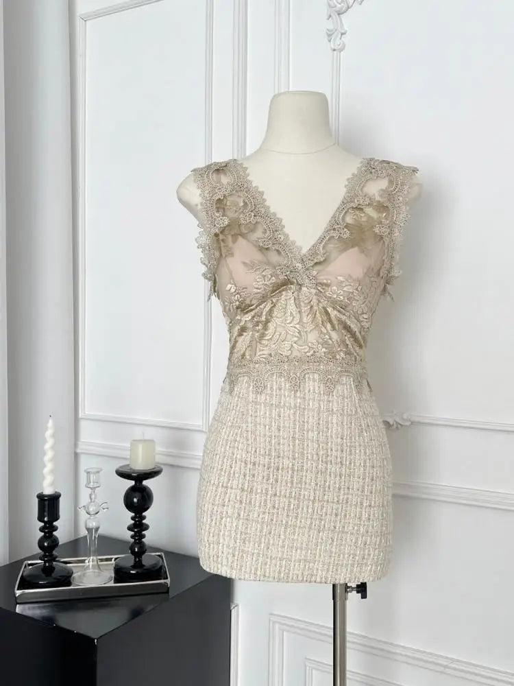 Summer Khaki Patchwork Lace Party Vest Short Dress Women Pink Embroidered Sleeveless V Neck Sexy Club Wrapped Hip Mini Dress New
