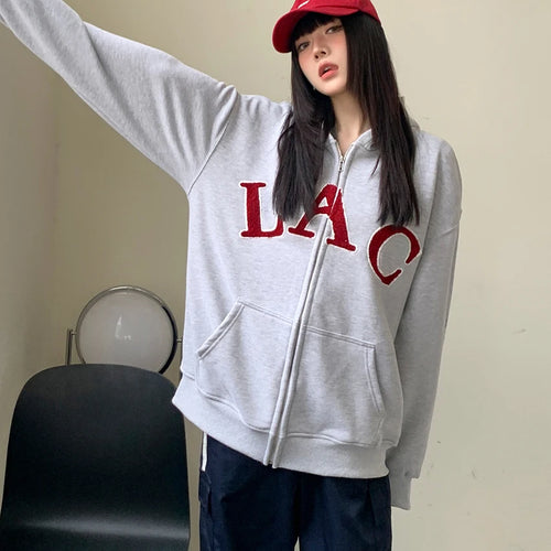 Load image into Gallery viewer, Women Gray Letter Hoodies Tops Harajuku Korean Version Zip Up Loose Sweatshirts Autumn Casual Long Sleeve Hooded Coat Thick Chic
