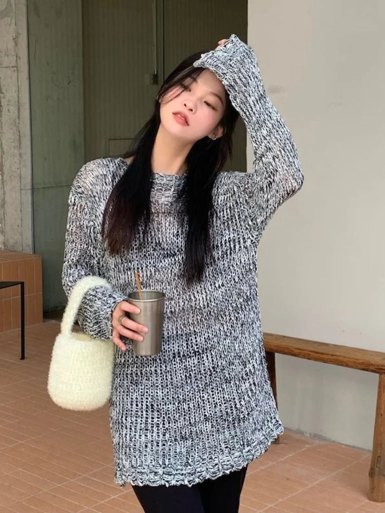 Y2k Aesthetic Pullover Harajuku Gothic Knitted See Through Sweater Grunge Autumn Jumper Japanese Fashion Knitwear Tops